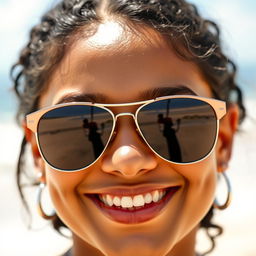 A close-up portrait of a smiling person with a stylish pair of sunglasses on their face