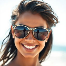 A close-up portrait of a smiling person with a stylish pair of sunglasses on their face