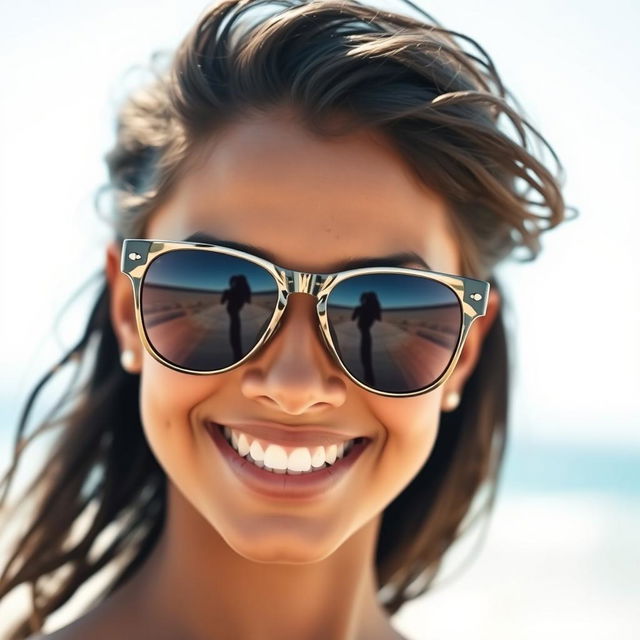 A close-up portrait of a smiling person with a stylish pair of sunglasses on their face