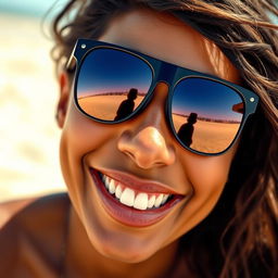A close-up portrait of a smiling person with a stylish pair of sunglasses on their face