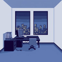 A blocky 8-bit illustration of a computer desk in a room featuring a simple and dark design