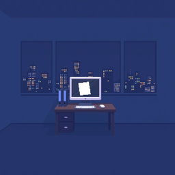 A blocky 8-bit illustration of a computer desk in a room featuring a simple and dark design
