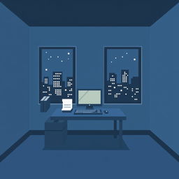 A blocky 8-bit illustration of a computer desk in a room featuring a simple and dark design