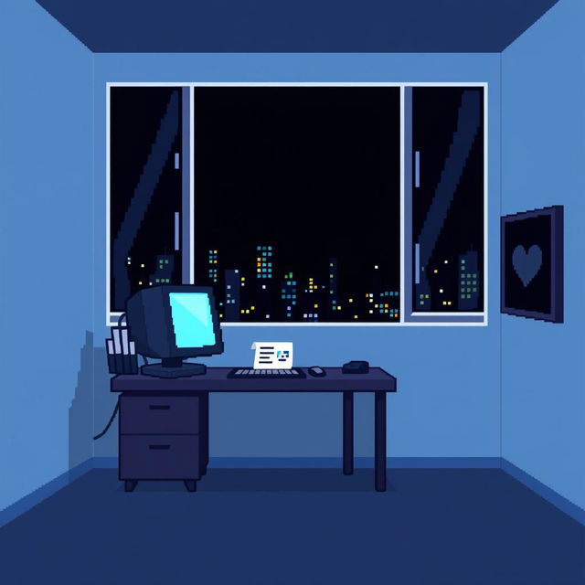 A blocky 8-bit illustration of a computer desk in a room featuring a simple and dark design