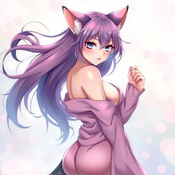A sensual and alluring anime-style neko girl, depicted in a provocative pose with flowing, vibrant hair