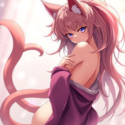 A sensual and alluring anime-style neko girl, depicted in a provocative pose with flowing, vibrant hair