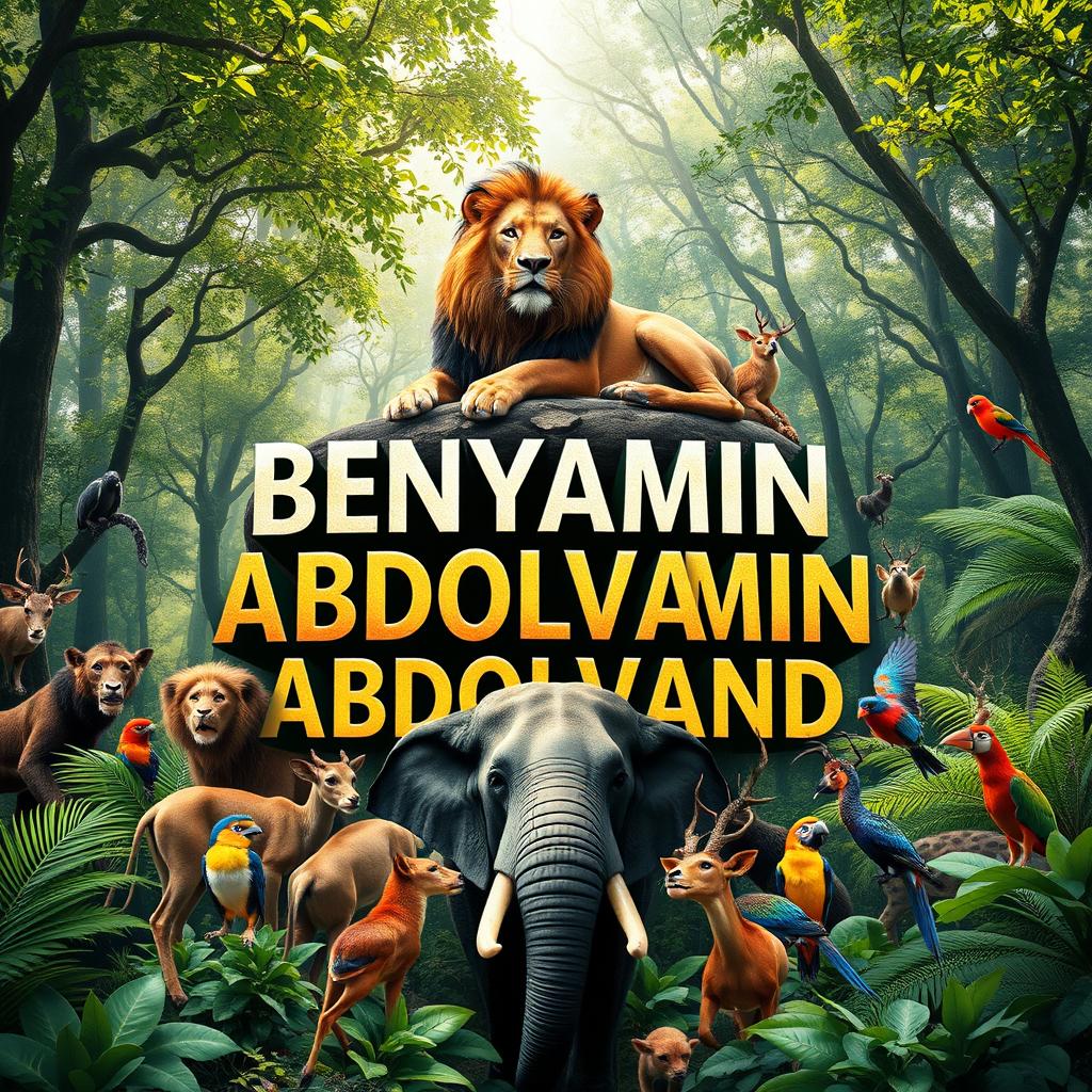 A serene forest scene featuring the name 'BENYAMIN ABDOLVAND' prominently displayed in an artistic font