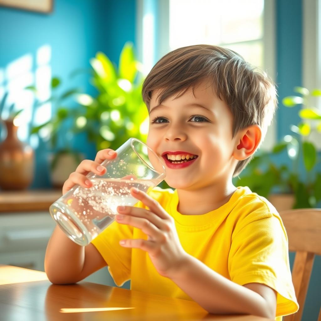 A young boy happily drinking water from a clear, cool glass