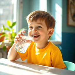 A young boy happily drinking water from a clear, cool glass