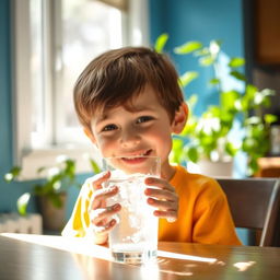 A young boy happily drinking water from a clear, cool glass