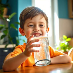 A young boy happily drinking water from a clear, cool glass