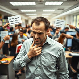 A very helpless and visibly thirsty man standing in a busy office environment, surrounded by a group of people who are giving him different tasks one by one