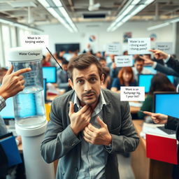 A very helpless and visibly thirsty man standing in a busy office environment, surrounded by a group of people who are giving him different tasks one by one