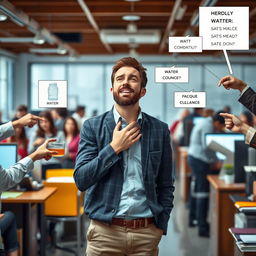 A very helpless and visibly thirsty man standing in a busy office environment, surrounded by a group of people who are giving him different tasks one by one