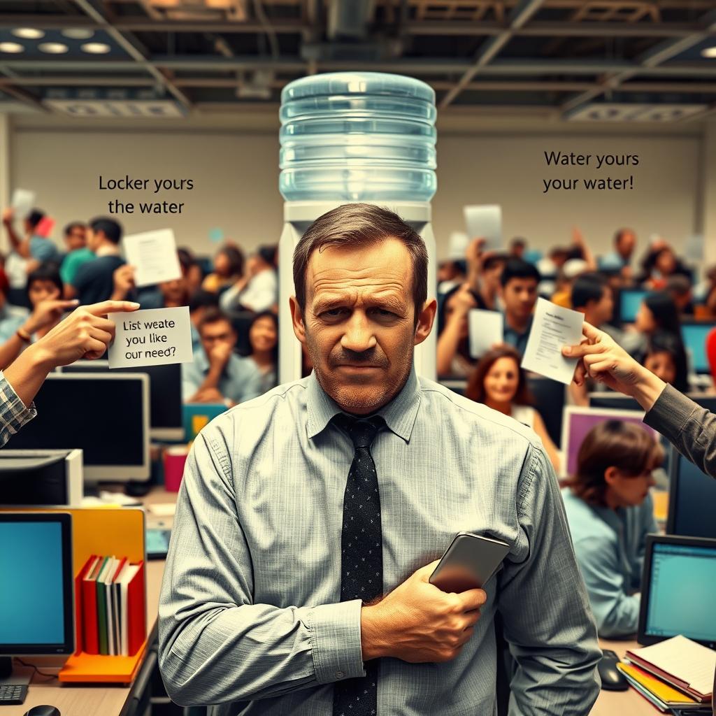 A very helpless and visibly thirsty man standing in a busy office environment, surrounded by a group of people who are giving him different tasks one by one