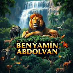 A majestic lion resting above the name 'BENYAMIN ABDOLVAN', with its powerful body blending into the lush greenery of a dense forest