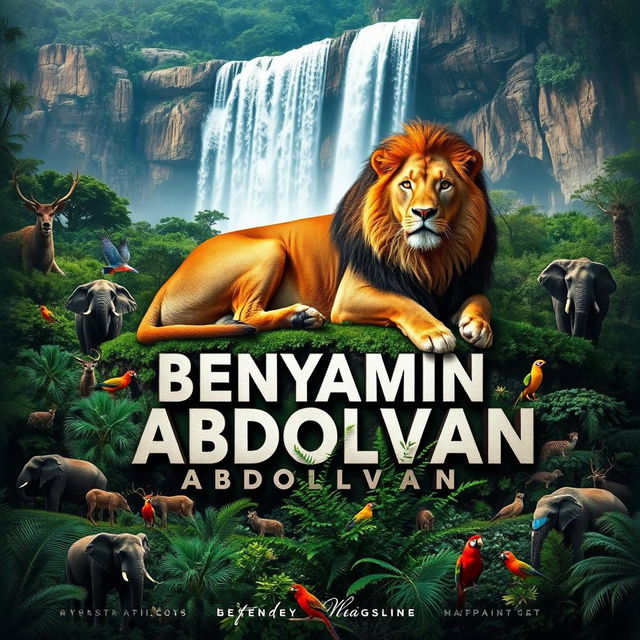 A majestic lion resting above the name 'BENYAMIN ABDOLVAN', with its powerful body blending into the lush greenery of a dense forest