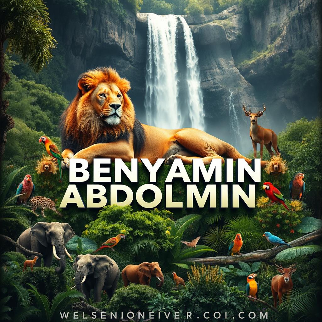 A majestic lion resting above the name 'BENYAMIN ABDOLVAN', with its powerful body blending into the lush greenery of a dense forest