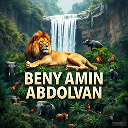 A majestic lion resting above the name 'BENYAMIN ABDOLVAN', with its powerful body blending into the lush greenery of a dense forest