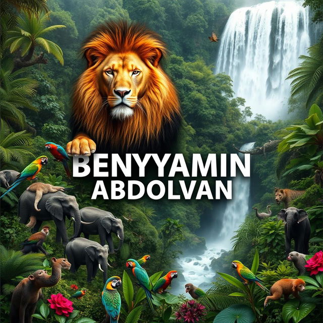 A majestic lion placed above the name 'BENYAMIN ABDOLVAN', with its powerful body partially overlapping the name