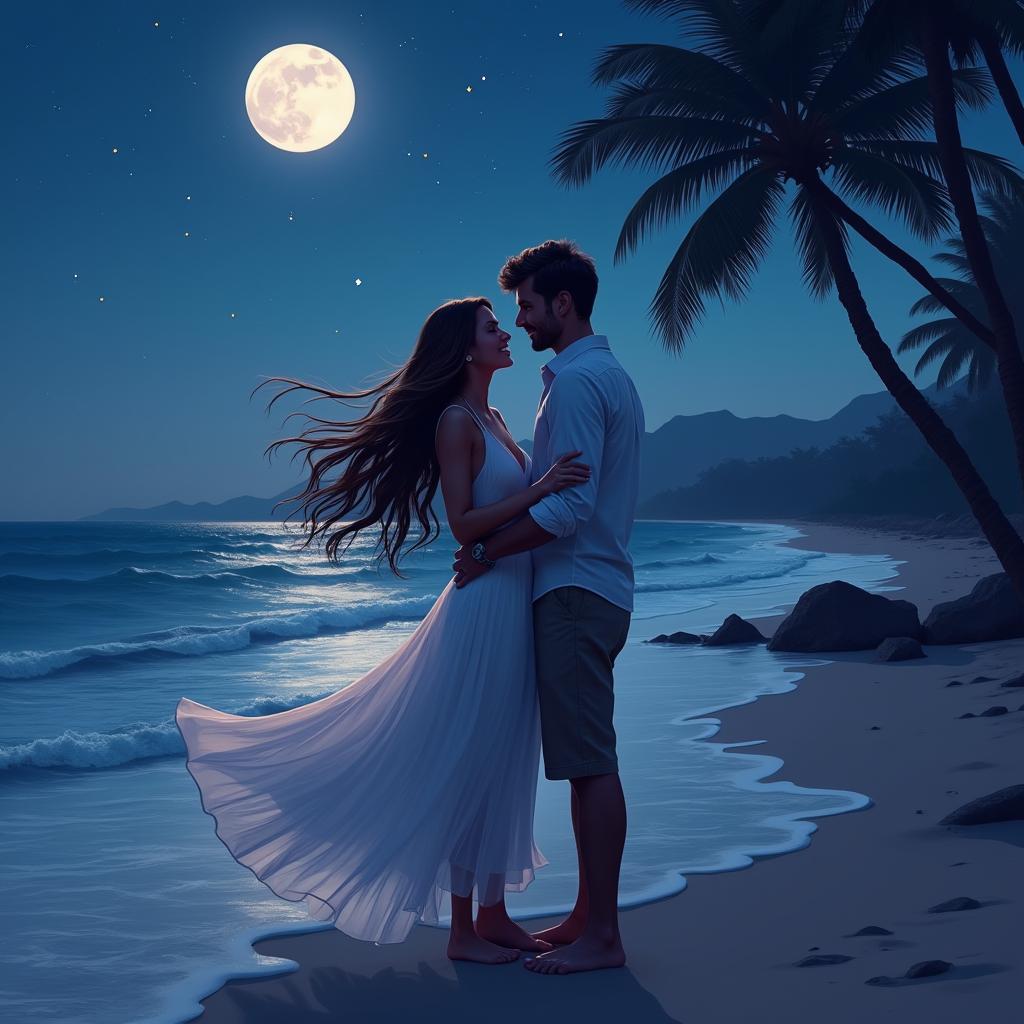 A romantic scene at night, showcasing a beautiful couple embracing under a starlit sky