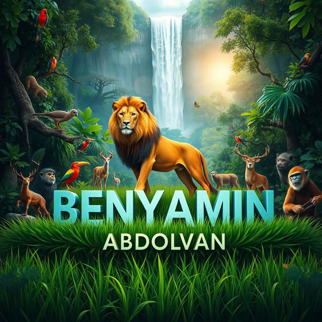 A vibrant artistic scene featuring the name 'BENYAMIN ABDOLVAN' prominently displayed in the center
