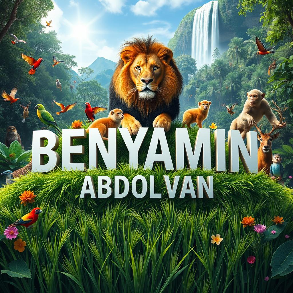 A vibrant artistic scene featuring the name 'BENYAMIN ABDOLVAN' prominently displayed in the center