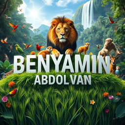 A vibrant artistic scene featuring the name 'BENYAMIN ABDOLVAN' prominently displayed in the center