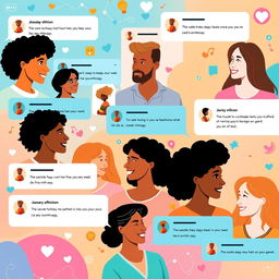 A vibrant and engaging social media layout featuring various users interacting with each other through comments and messages
