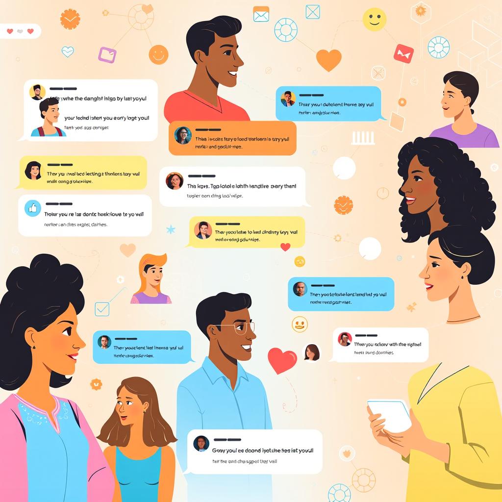 A vibrant and engaging social media layout featuring various users interacting with each other through comments and messages