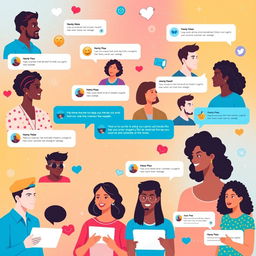 A vibrant and engaging social media layout featuring various users interacting with each other through comments and messages