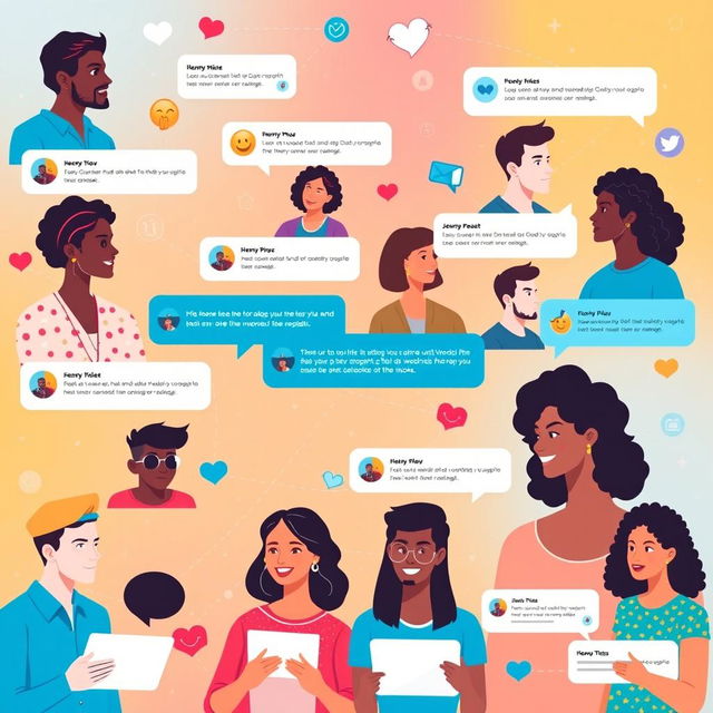 A vibrant and engaging social media layout featuring various users interacting with each other through comments and messages