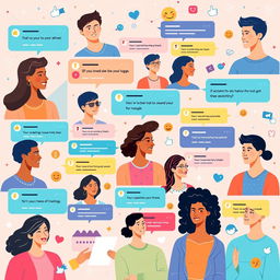 A vibrant and engaging social media layout featuring various users interacting with each other through comments and messages