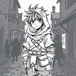 A black and white sketch of a medieval rogue, depicted in a young anime style