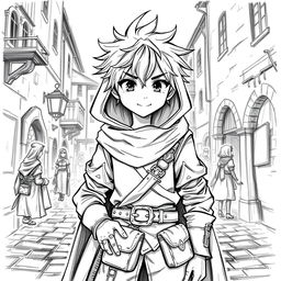 A black and white sketch of a medieval rogue, depicted in a young anime style
