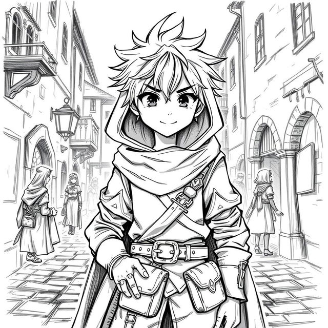 A black and white sketch of a medieval rogue, depicted in a young anime style