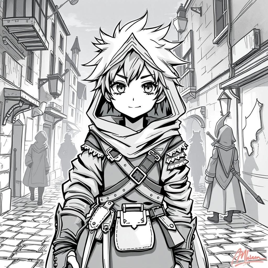 A black and white sketch of a medieval rogue, depicted in a young anime style