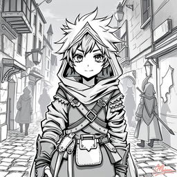 A black and white sketch of a medieval rogue, depicted in a young anime style