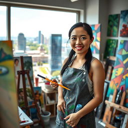 A portrait of a talented artist named Xinyi Zhang, in her studio surrounded by vibrant paintings and art supplies