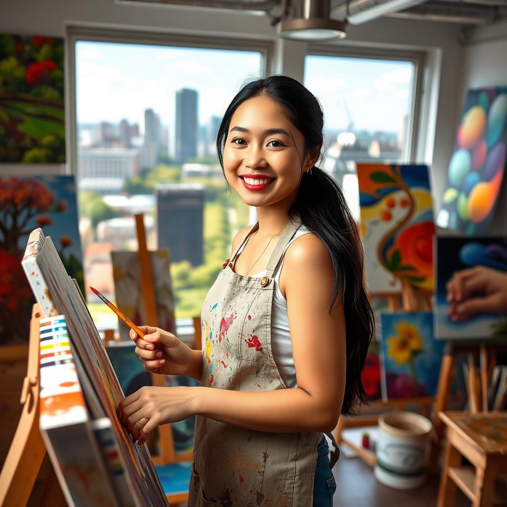A portrait of a talented artist named Xinyi Zhang, in her studio surrounded by vibrant paintings and art supplies