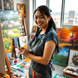 A portrait of a talented artist named Xinyi Zhang, in her studio surrounded by vibrant paintings and art supplies