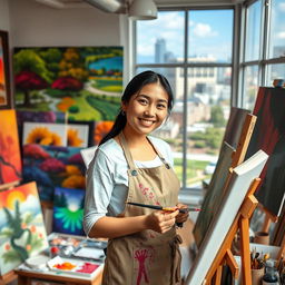 A portrait of a talented artist named Xinyi Zhang, in her studio surrounded by vibrant paintings and art supplies