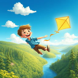 An illustration of a young white boy named Ben, joyfully flying a colorful kite that glows in the sunlight