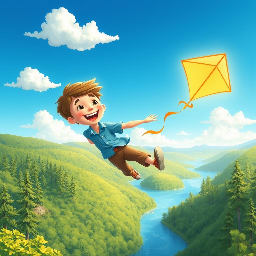 An illustration of a young white boy named Ben, joyfully flying a colorful kite that glows in the sunlight
