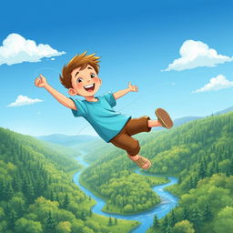 An illustration of a young white boy named Ben, joyfully flying a colorful kite that glows in the sunlight