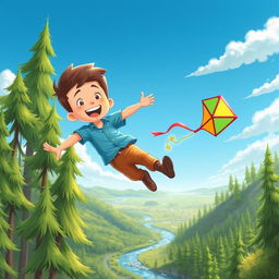 An illustration of a young white boy named Ben, joyfully flying a colorful kite that glows in the sunlight