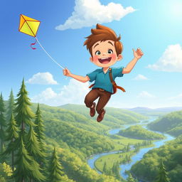 An illustration of a young white boy named Ben, joyfully flying a colorful kite that glows in the sunlight
