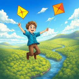 An illustration of a young white boy named Ben, happily flying a vibrant kite that glows with bright colors in the sunlight