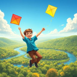 An illustration of a young white boy named Ben, happily flying a vibrant kite that glows with bright colors in the sunlight