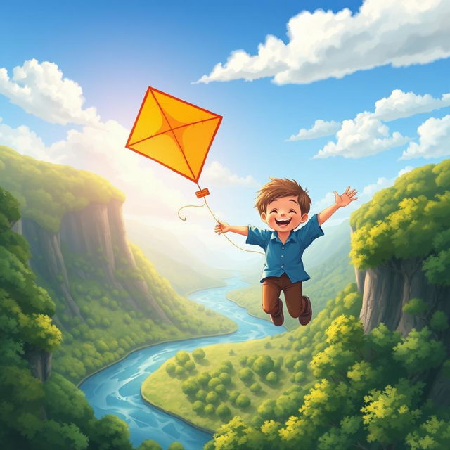 An illustration of a young white boy named Ben, happily flying a vibrant kite that glows with bright colors in the sunlight